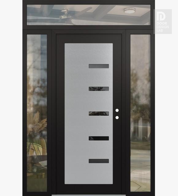 Modern Steel Front Door Diamond C8 68" x 96" black/black mirrored Glass Panel stainless steel LHI with 2 Sidelites and Transom clear Glass