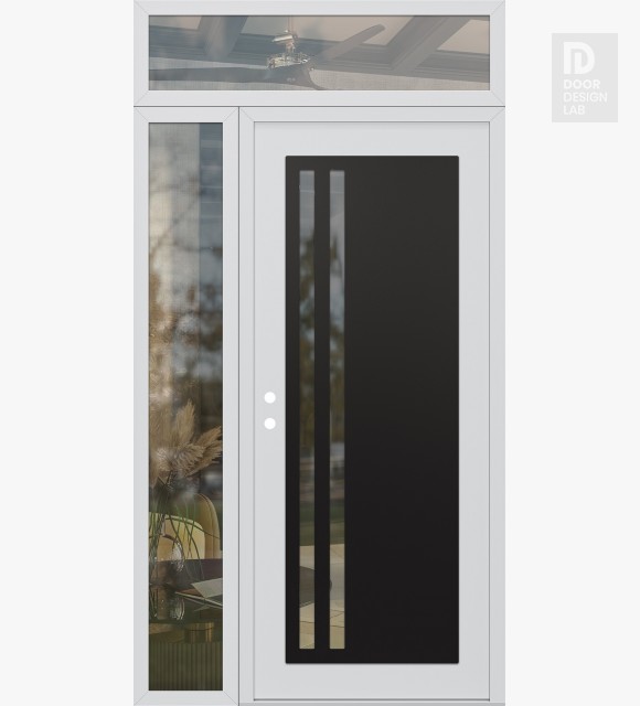 Modern Steel Front Door Diamond C6 48" x 96" white/white clear Glass Panel black RHI with Sidelite and Transom clear Glass