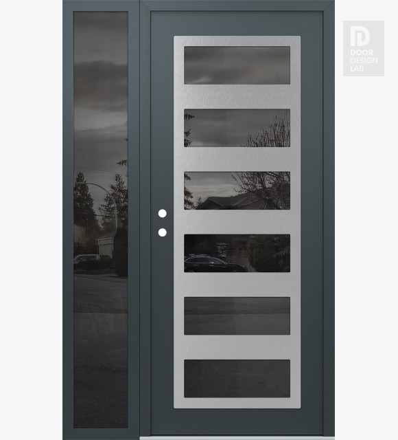 Modern Steel Front Door Diamond C9 52" x 80" anthracite/anthracite mirrored Glass Panel stainless steel RHI with Sidelite mirrored Glass
