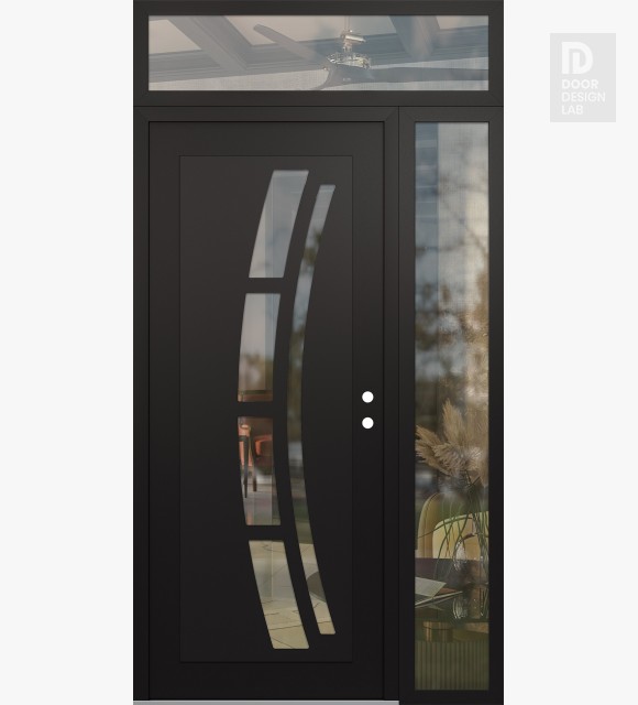 Modern Steel Front Door Diamond C12 52" x 96" black/black clear Glass Panel black LHI with Sidelite and Transom clear Glass