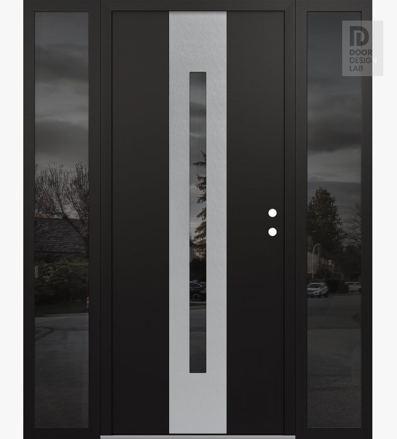 Modern Steel Front Door DIAMOND A2 68" X 80" BLACK/BLACK MIRRORED GLASS PANEL STAINLESS STEEL LHI WITH 2 SIDELITES MIRRORED GLASS