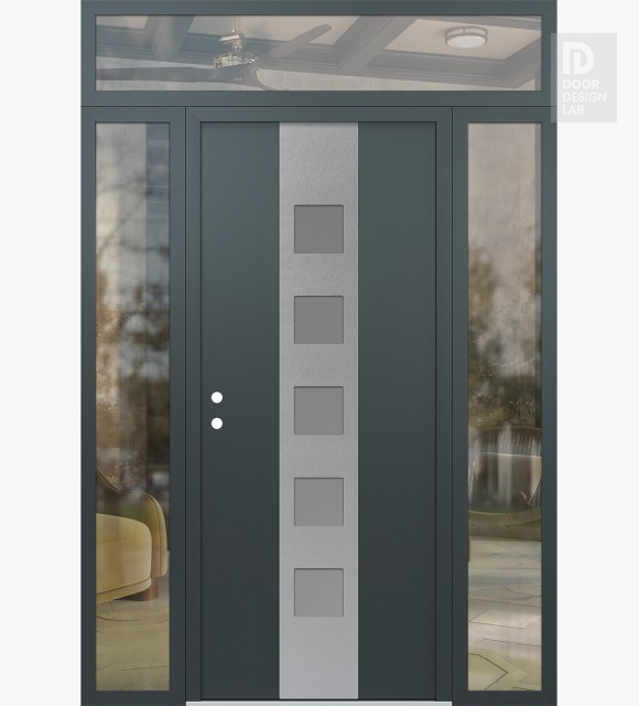 Modern Steel Front Door DIAMOND A13 68" X 96" ANTHRACITE/ANTHRACITE FROSTED GLASS PANEL STAINLESS STEEL RHI WITH 2 SIDELITES AND TRANSOM CLEAR GLASS
