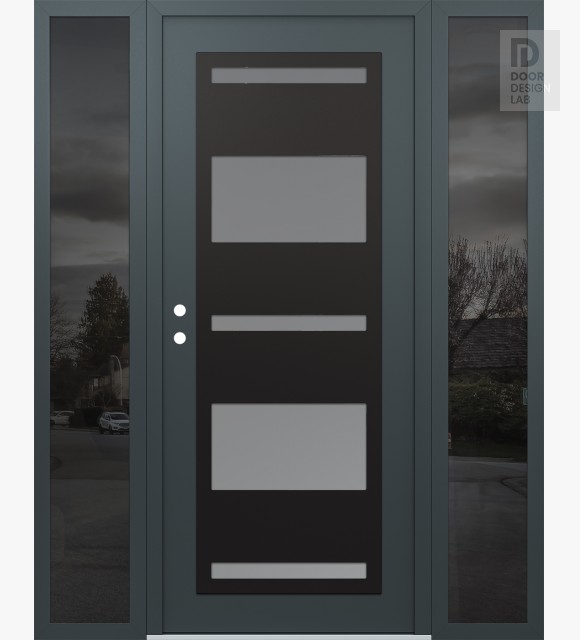 Modern Steel Front Door Diamond C10 68" x 80" anthracite/anthracite frosted Glass Panel black RHI with 2 Sidelites mirrored Glass