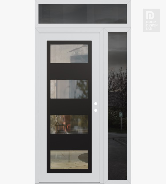 Modern Steel Front Door Diamond C2 48" x 96" white/white clear Glass Panel black LHI with Sidelite and Transom mirrored Glass