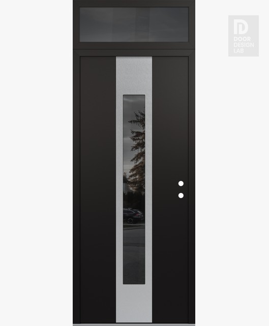 Modern Steel Front Door DIAMOND A1 36" X 96" BLACK/BLACK MIRRORED GLASS PANEL STAINLESS STEEL LHI WITH TRANSOM MIRRORED GLASS