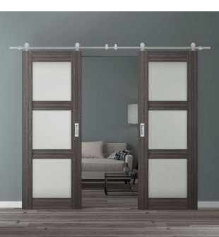 DOUBLE BARN DOOR PALLADIO 3 LITE VETRO GRAY OAK 36" X 80" X 1 9/16" TEMPERED FROSTED GLASS STAINLESS STEEL HARDWARE