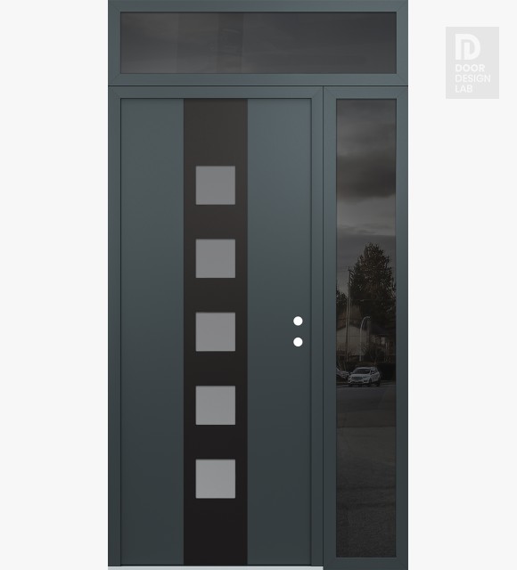 Modern Steel Front Door DIAMOND A13 52" X 96" ANTHRACITE/ANTHRACITE FROSTED GLASS PANEL BLACK LHI WITH SIDELITE AND TRANSOM MIRRORED GLASS