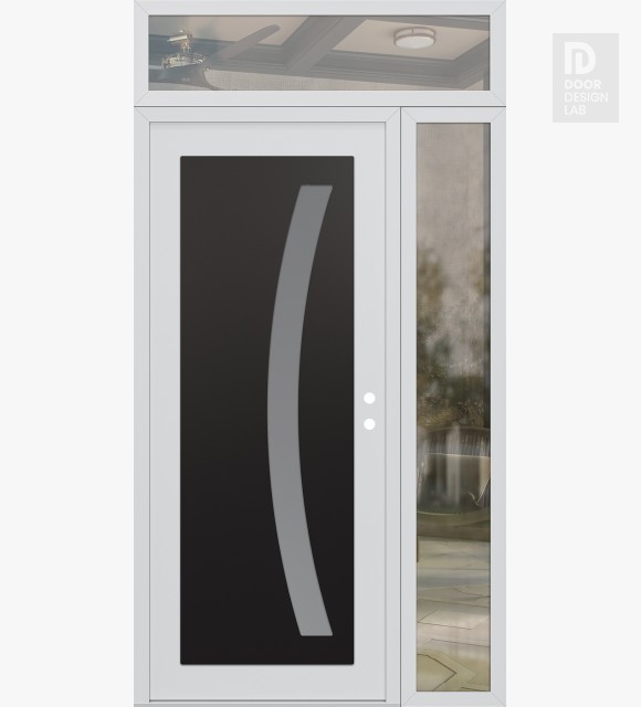 Modern Steel Front Door Diamond C4 48" x 96" white/white frosted Glass Panel black LHI with Sidelite and Transom clear Glass