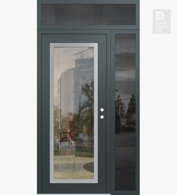 Modern Steel Front Door Diamond C1 48" x 96" anthracite/anthracite clear Glass Panel stainless steel LHI with Sidelite and Transom mirrored Glass