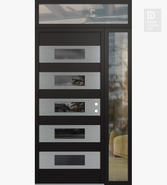 Modern Steel Front Door Diamond D5 52" x 96" black/black mirrored Glass Panel stainless steel LHI with Sidelite and Transom clear Glass