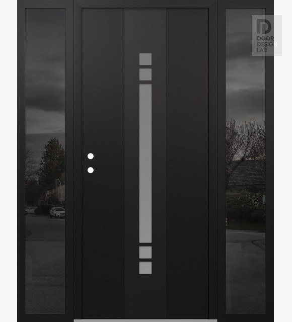 Modern Steel Front Door DIAMOND A4 60" X 80" BLACK/WHITE FROSTED GLASS PANEL BLACK RHI WITH 2 SIDELITES MIRRORED GLASS