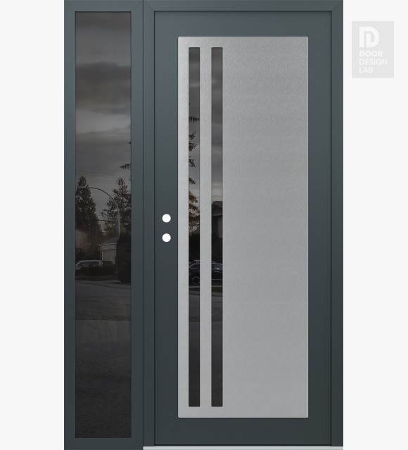 Modern Steel Front Door Diamond C6 50" x 80" anthracite/anthracite mirrored Glass Panel stainless steel RHI with Sidelite mirrored Glass