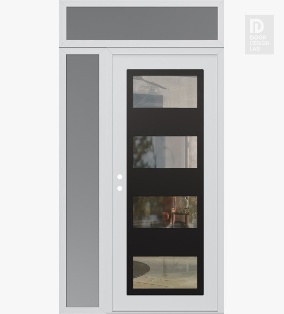 Modern Steel Front Door Diamond C2 48" x 96" white/white clear Glass Panel black RHI with Sidelite and Transom frosted Glass