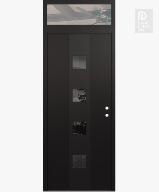 Modern Steel Front Door DIAMOND A12 36" X 96" BLACK/BLACK MIRRORED GLASS PANEL BLACK LHI WITH TRANSOM CLEAR GLASS