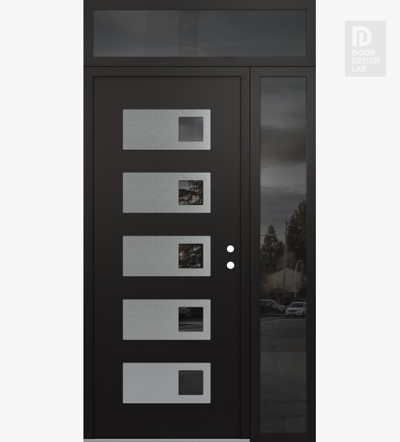 Modern Steel Front Door Diamond D2 50" x 96" black/black mirrored Glass Panel stainless steel LHI with Sidelite and Transom mirrored Glass