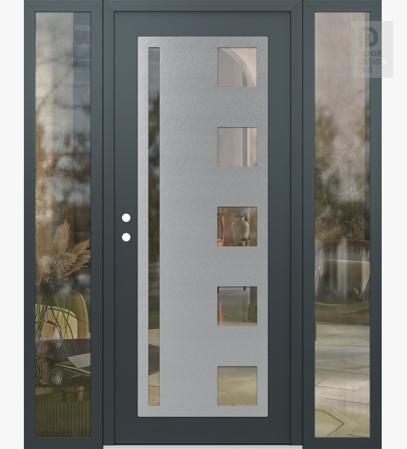 Modern Steel Front Door Diamond C3 64" x 80" anthracite/anthracite clear Glass Panel stainless steel RHI with 2 Sidelites clear Glass