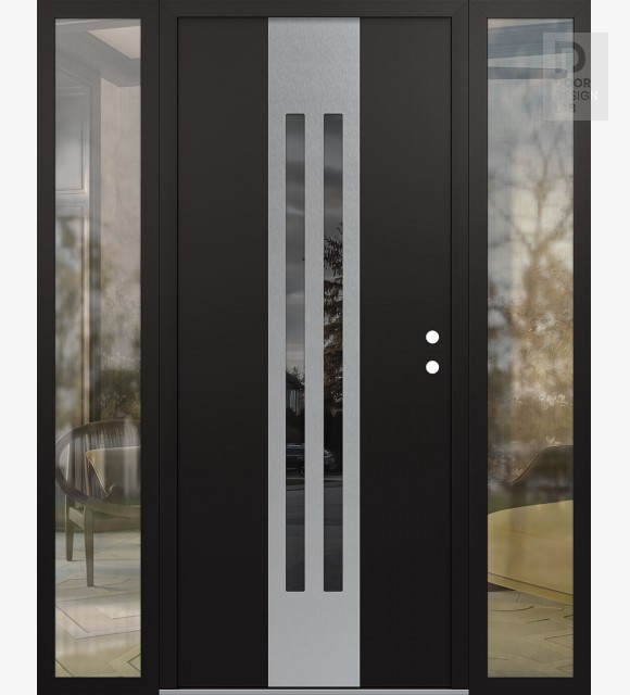Modern Steel Front Door DIAMOND A8 60" X 80" BLACK/BLACK MIRRORED GLASS PANEL STAINLESS STEEL LHI WITH 2 SIDELITES CLEAR GLASS