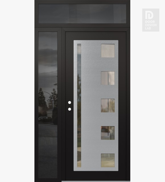Modern Steel Front Door Diamond C3 50" x 96" black/black clear Glass Panel stainless steel RHI with Sidelite and Transom mirrored Glass