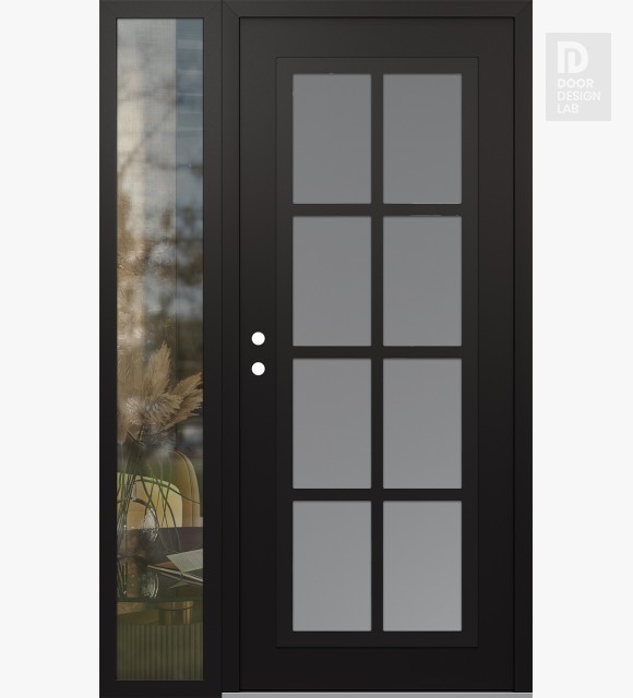 Modern Steel Front Door Diamond C16 52" x 80" black/white frosted Glass Panel black RHI with Sidelite clear Glass