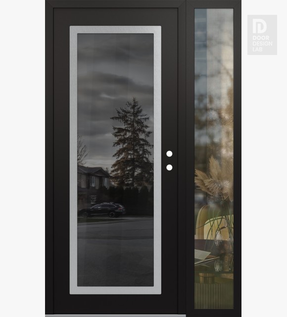 Modern Steel Front Door Diamond C1 52" x 80" black/black mirrored Glass Panel stainless steel LHI with Sidelite clear Glass