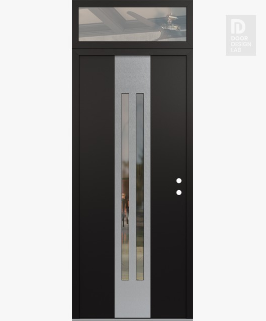 Modern Steel Front Door DIAMOND A8 36" X 96" BLACK/BLACK CLEAR GLASS PANEL STAINLESS STEEL LHI WITH TRANSOM CLEAR GLASS