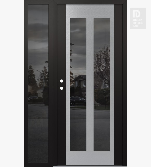 Modern Steel Front Door Diamond C14 48" x 80" black/black mirrored Glass Panel stainless steel RHI with Sidelite mirrored Glass