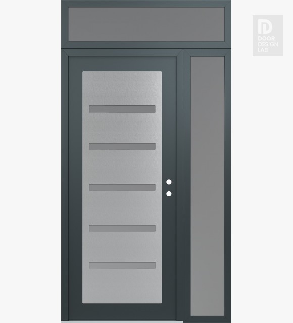 Modern Steel Front Door Diamond C7 52" x 96" anthracite/anthracite frosted Glass Panel stainless steel LHI with Sidelite and Transom frosted Glass