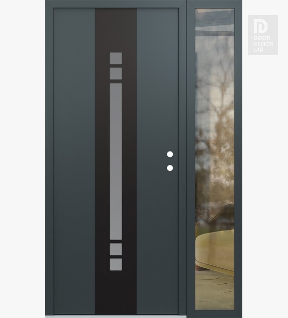 Modern Steel Front Door DIAMOND A4 48" X 80" ANTHRACITE/ANTHRACITE FROSTED GLASS PANEL BLACK LHI WITH SIDELITE CLEAR GLASS