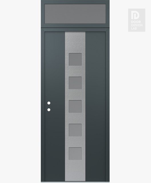Modern Steel Front Door DIAMOND A13 36" X 96" ANTHRACITE/ANTHRACITE FROSTED GLASS PANEL STAINLESS STEEL RHI WITH TRANSOM FROSTED GLASS