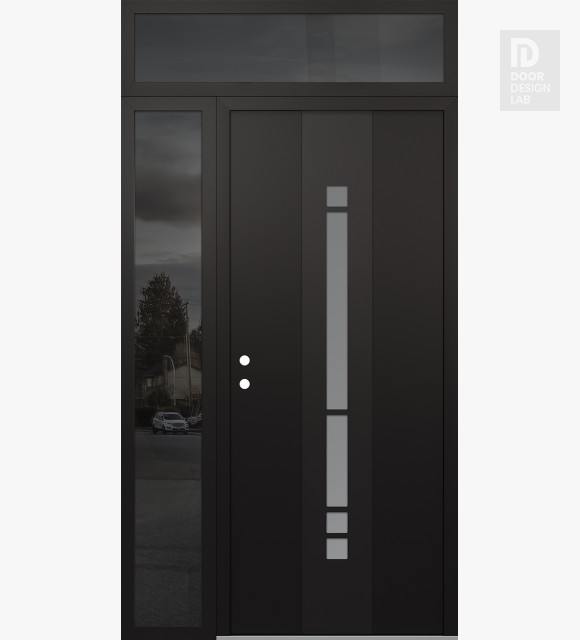 Modern Steel Front Door DIAMOND A3 48" X 96" BLACK/WHITE FROSTED GLASS PANEL BLACK RHI WITH SIDELITE AND TRANSOM MIRRORED GLASS