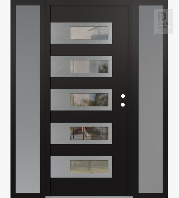Modern Steel Front Door Diamond D3 68" x 80" black/black clear Glass Panel stainless steel LHI with 2 Sidelites frosted Glass