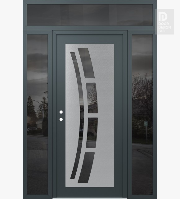 Modern Steel Front Door Diamond C12 60" x 96" anthracite/anthracite mirrored Glass Panel stainless steel RHI with 2 Sidelites and Transom mirrored Glass