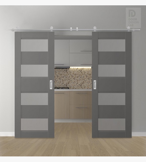 DOUBLE BARN DOOR AVON 07-08 VETRO GRAY MATTE 72" X 84" X 1 3/4" STAINLESS STEEL HARDWARE
