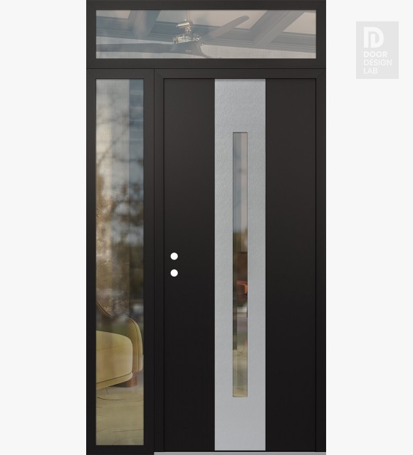 Modern Steel Front Door DIAMOND A2 52" X 96" BLACK/BLACK CLEAR GLASS PANEL STAINLESS STEEL RHI WITH SIDELITE AND TRANSOM CLEAR GLASS