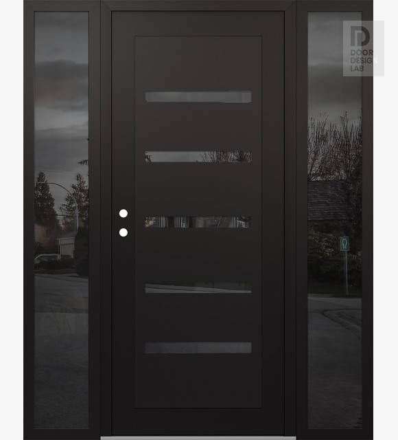 Modern Steel Front Door Diamond C7 60" x 80" black/black mirrored Glass Panel black RHI with 2 Sidelites mirrored Glass