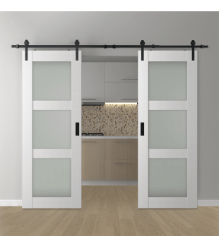 DOUBLE BARN DOOR PALLADIO 3 LITE VETRO BIANCO NOBLE 36" X 80" X 1 9/16" TEMPERED FROSTED GLASS BLACK HARDWARE