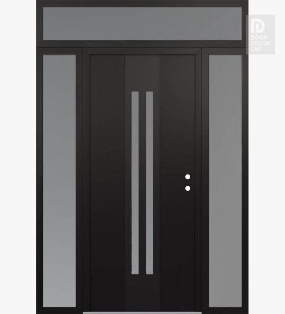Modern Steel Front Door DIAMOND A8 68" X 96" BLACK/WHITE FROSTED GLASS PANEL BLACK LHI WITH 2 SIDELITES AND TRANSOM FROSTED GLASS
