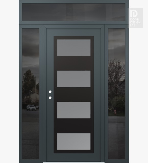 Modern Steel Front Door Diamond C2 64" x 96" anthracite/anthracite frosted Glass Panel black RHI with 2 Sidelites and Transom mirrored Glass