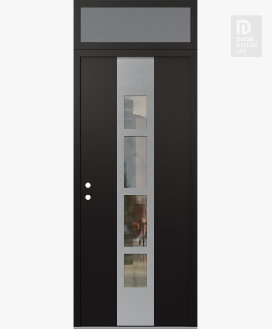 Modern Steel Front Door DIAMOND A10 36" X 96" BLACK/BLACK CLEAR GLASS PANEL STAINLESS STEEL RHI WITH TRANSOM FROSTED GLASS