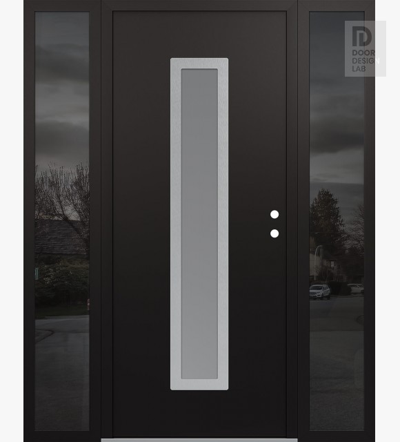 Modern Steel Front Door DIAMOND A11 68" X 80" BLACK/WHITE FROSTED GLASS PANEL STAINLESS STEEL LHI WITH 2 SIDELITES MIRRORED GLASS