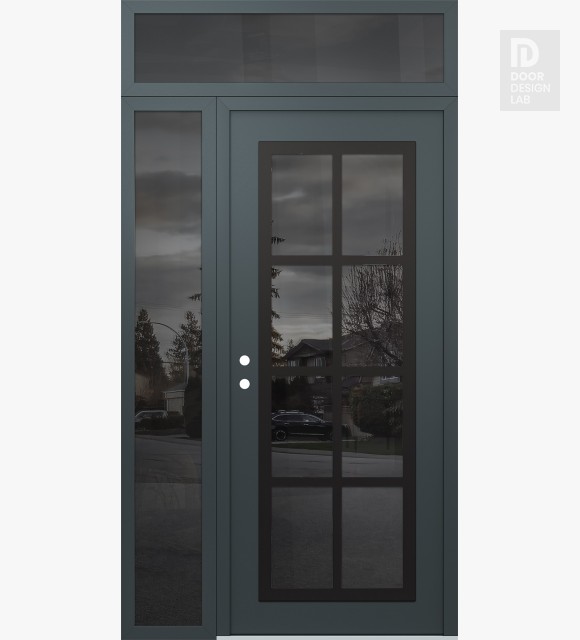 Modern Steel Front Door Diamond C16 52" x 96" anthracite/anthracite mirrored Glass Panel black RHI with Sidelite and Transom mirrored Glass