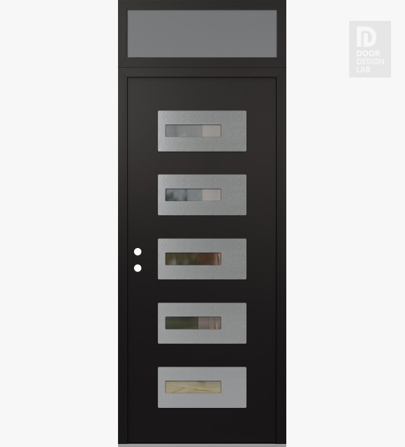 Modern Steel Front Door Diamond D6 36" x 96" black/black clear Glass Panel stainless steel RHI with Transom frosted Glass