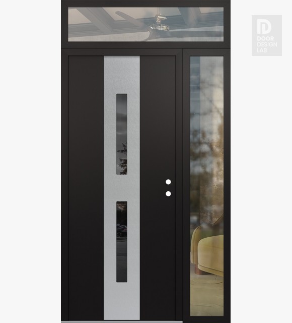 Modern Steel Front Door DIAMOND A6 48" X 96" BLACK/BLACK MIRRORED GLASS PANEL STAINLESS STEEL LHI WITH SIDELITE AND TRANSOM CLEAR GLASS