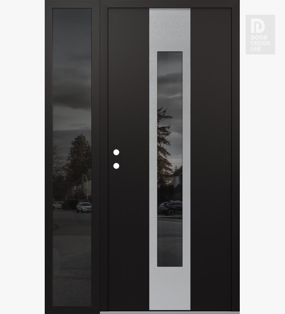 Modern Steel Front Door DIAMOND A1 48" X 80" BLACK/BLACK MIRRORED GLASS PANEL STAINLESS STEEL RHI WITH SIDELITE MIRRORED GLASS