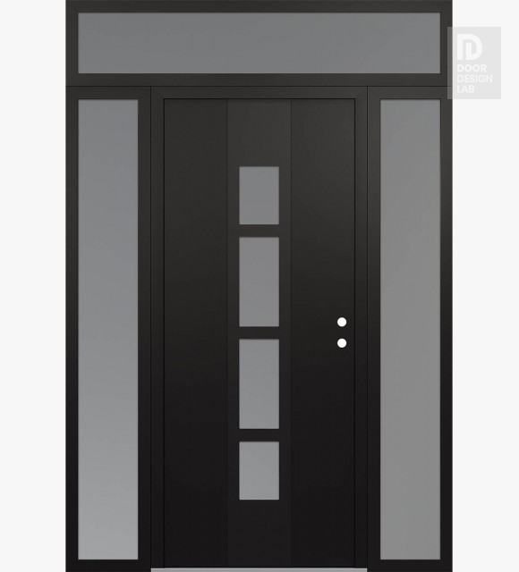 Modern Steel Front Door DIAMOND A10 60" X 96" BLACK/WHITE FROSTED GLASS PANEL BLACK LHI WITH 2 SIDELITES AND TRANSOM FROSTED GLASS