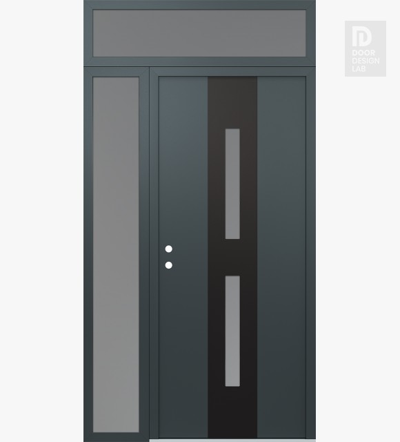 Modern Steel Front Door DIAMOND A6 50" X 96" ANTHRACITE/ANTHRACITE FROSTED GLASS PANEL BLACK RHI WITH SIDELITE AND TRANSOM FROSTED GLASS