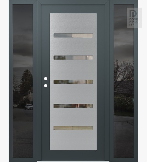 Modern Steel Front Door Diamond C7 60" x 80" anthracite/anthracite clear Glass Panel stainless steel RHI with 2 Sidelites mirrored Glass