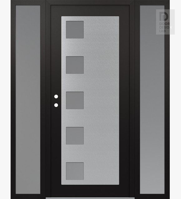 Modern Steel Front Door Diamond C5 64" x 80" black/white frosted Glass Panel stainless steel RHI with 2 Sidelites frosted Glass
