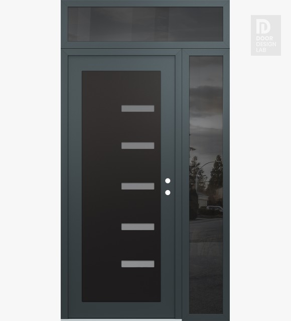 Modern Steel Front Door Diamond C8 48" x 96" anthracite/anthracite frosted Glass Panel black LHI with Sidelite and Transom mirrored Glass