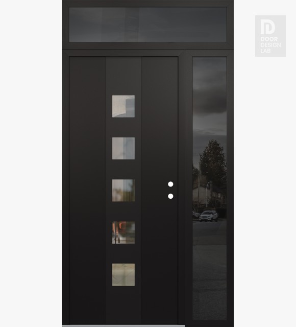 Modern Steel Front Door DIAMOND A13 48" X 96" BLACK/BLACK CLEAR GLASS PANEL BLACK LHI WITH SIDELITE AND TRANSOM MIRRORED GLASS